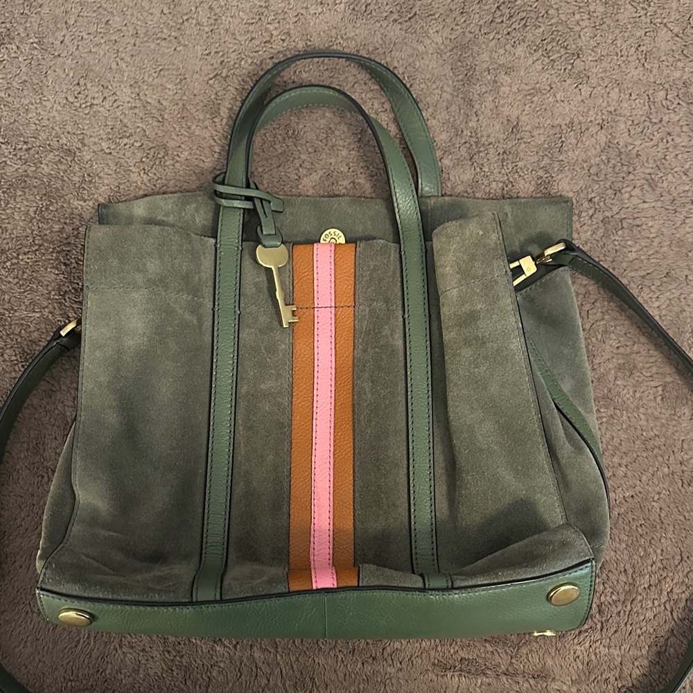 Fossil Green Suede Crossbody Bag with Stripes
